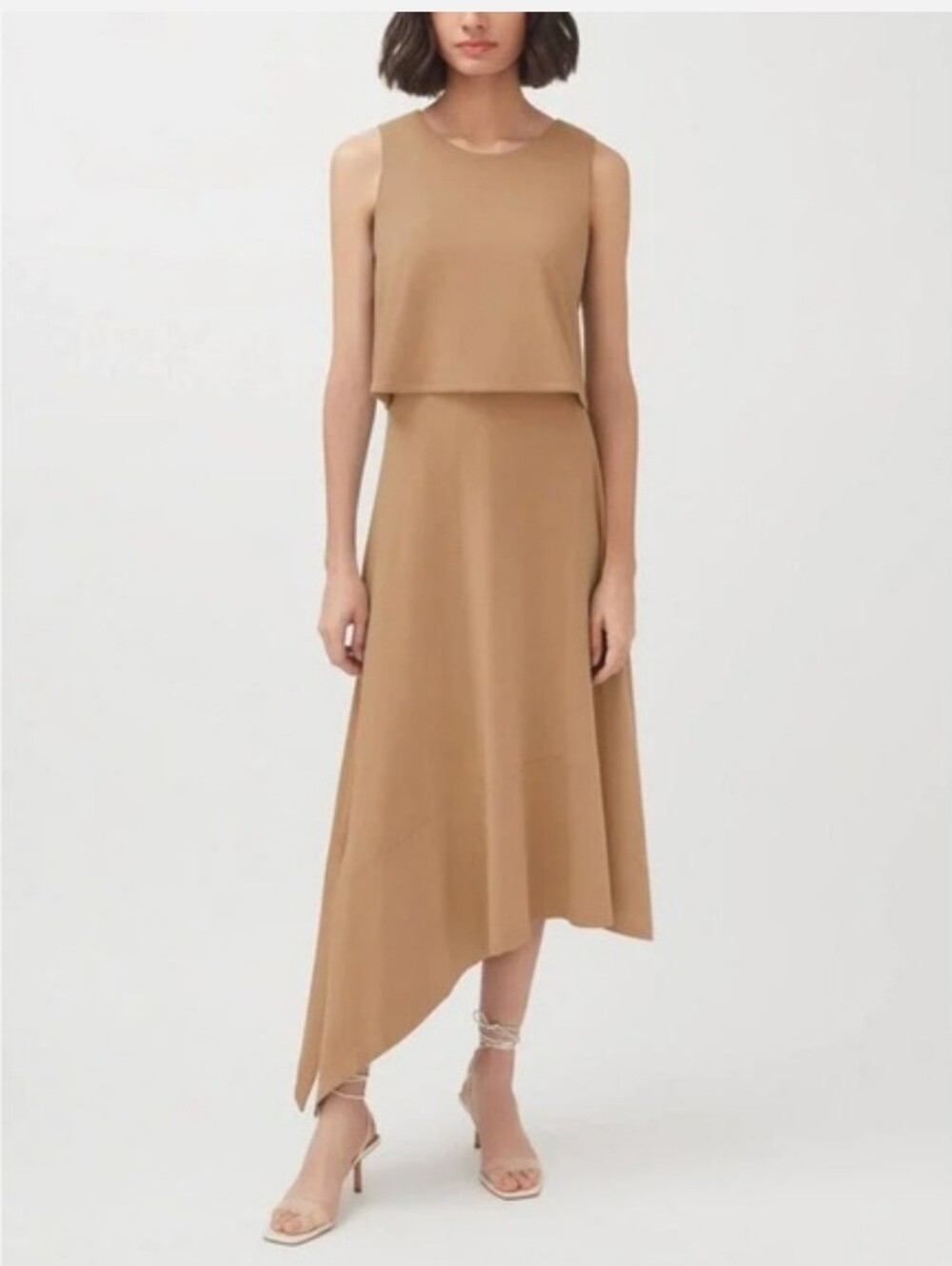 Cuyana Asymmetrical Overlay Dress Camel Tan Pima Cotton Blend Size XL